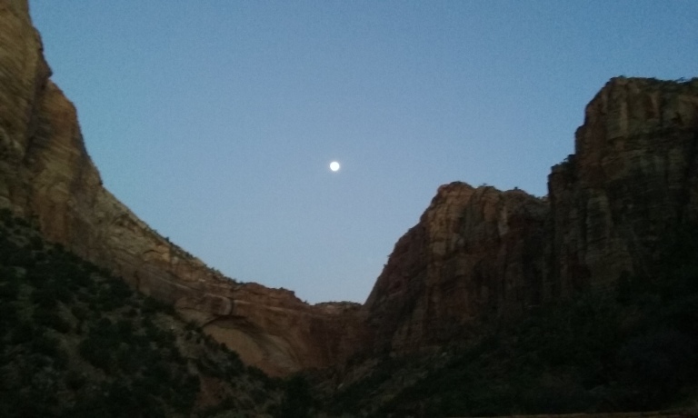 The moon has been exceptionally large the last few days. My phone's camera really doesn't do the view justice. This was taken in Zion where the switchback are, somewhat near the tunnel. Below the moon is the area you get to at the end of Canyon Overlook, where I went once at sunrise. Definitely worth dealing with the cold and darkness that morning. 